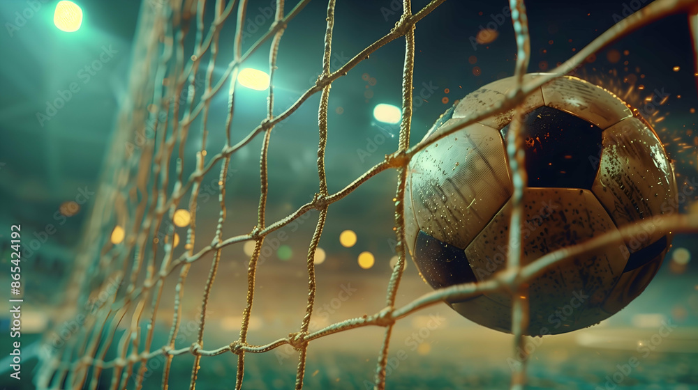 A soccer ball hitting the back of the net under stadium floodlights. A soccer ball hitting the back of the net under stadium floodlights.