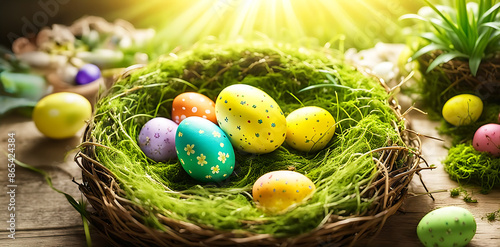 Ostern Ostereier bunte Eier Ei weich gebettet in Moos und grünem Gras Nest als Vorlage und Hintergründe und Banner vor einem unscharfen Hintergrund aus Garten warme Sonnenstrahlen Blumen Frühling