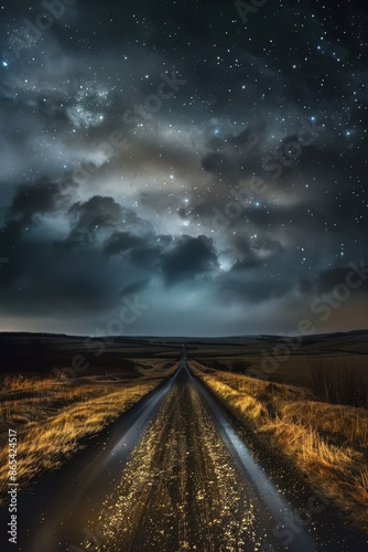 Lonely illuminated road leading through dark cloudy night with stars  © Media Srock