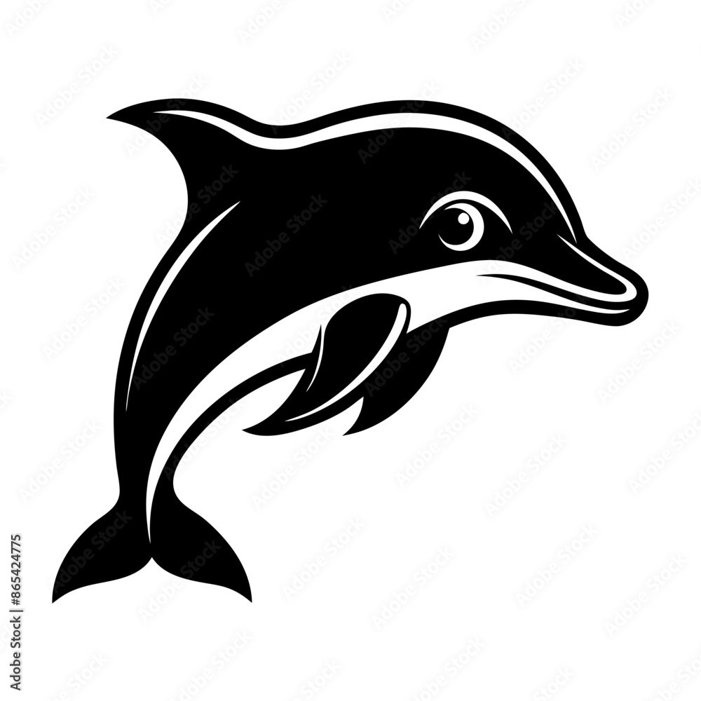 Fototapeta premium A black and white dolphin is happily leaping out of the ocean