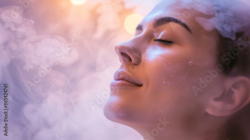 A woman with her eyes closed relaxes in a cryotherapy chamber, enjoying the cold, therapeutic air. She appears to be calm and content.