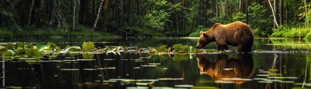 Tranquil pond in a summer forest, water lilies, reflection of trees, dragonflies, a Wild buffalo drinking water at the edge, moment of harmony, editorial photography Tranquil pond in a summer forest, water lilies, reflection of trees, dragonflies, a Wild buffalo drinking water at the edge, moment of harmony, editorial photography
