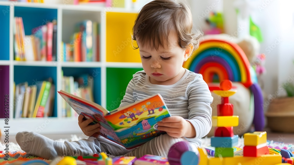 Fototapeta premium A young child is sitting on the floor reading a book. The room is filled with toys, including a large stack of blocks