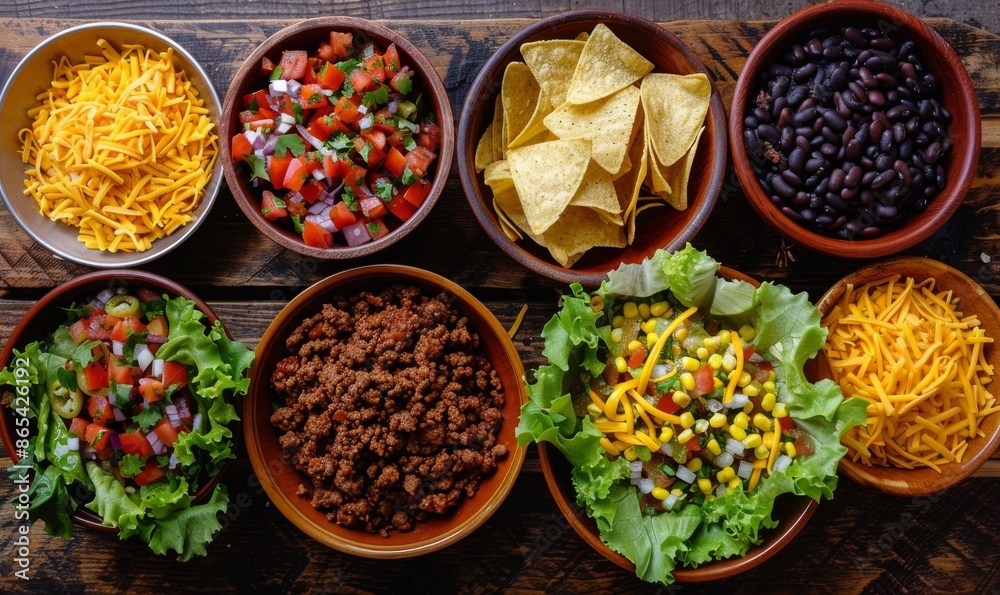 variety of Mexican dishes in bowls, isolated on wooden background, flat lay view, high resolution variety of Mexican dishes in bowls, isolated on wooden background, flat lay view, high resolution