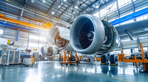 A large jet engine is being built in a factory. Concept of industry and progress, as the engine is being constructed in a large, well-lit space