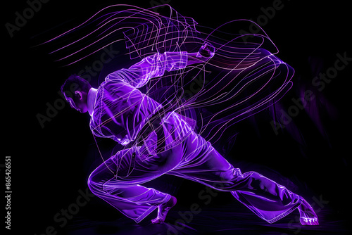 Neon silhouette of a jiu-jitsu competitor executing a perfect armbar isotated on black background. photo