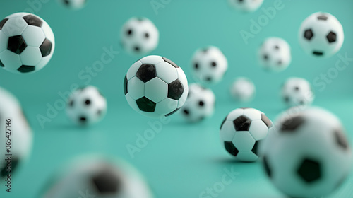 Soccer balls falling in motion on a light green background. Close-up of whole balls falling into motion, with empty space for text. AI generative