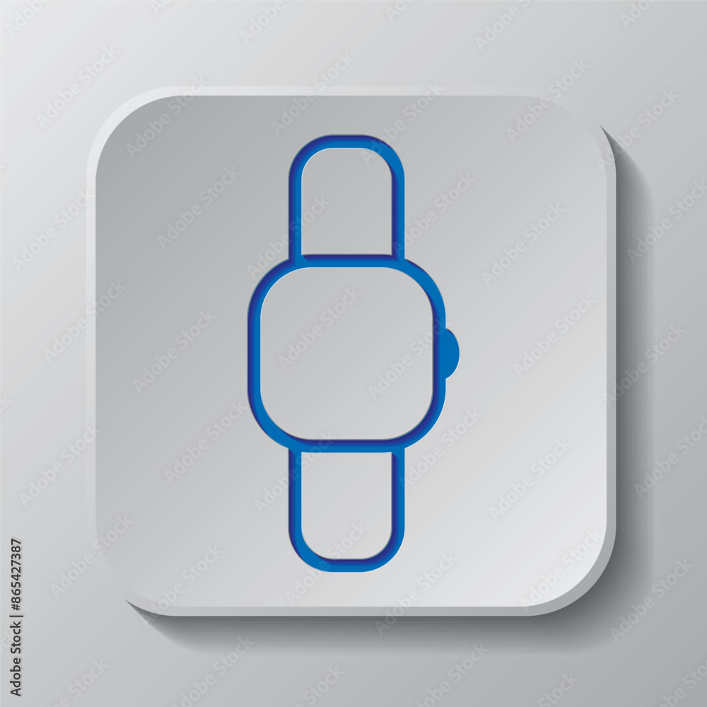 Hand watch simple icon vector. Flat design. Paper cut design. Cutted blue symbol with shadow. Gray badge button, gray background Hand watch simple icon vector. Flat design. Paper cut design. Cutted blue symbol with shadow. Gray badge button, gray background