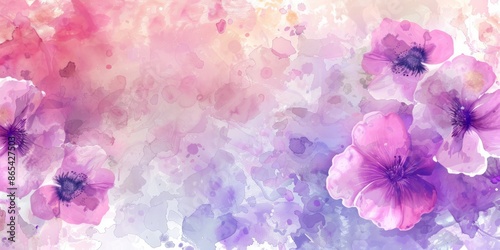 Abstract watercolor painting of pink and purple flowers with pastel background