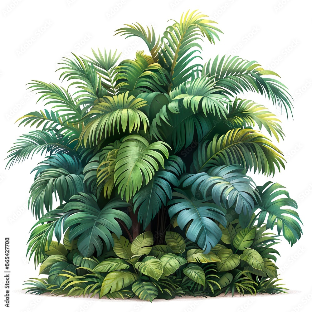 Lush green bush of tropical plants, monstera, palm, rubber tree, pine and fern Lush green bush of tropical plants, monstera, palm, rubber tree, pine and fern
