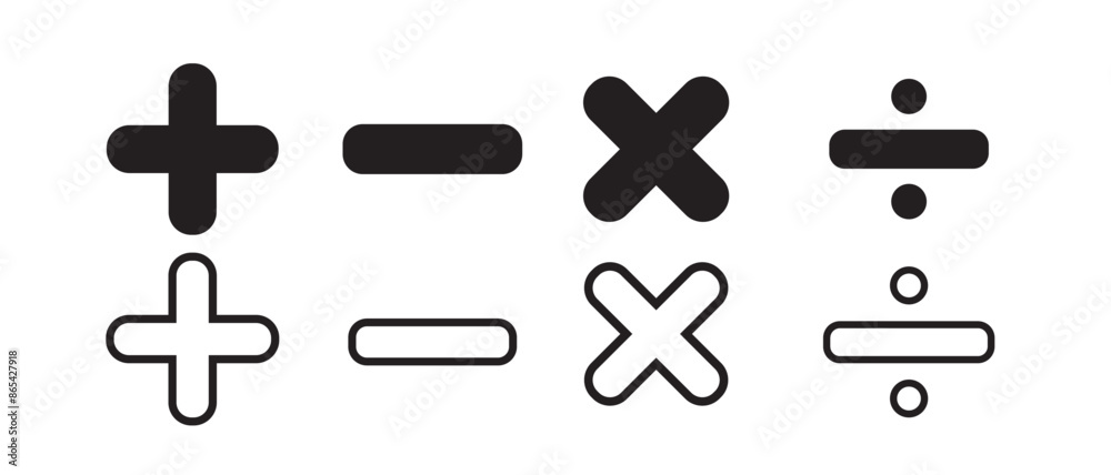 Fototapeta premium Plus minus multiply divide icon set on white background. Math symbol. Add sign. Calculator button symbol. vector illustration.