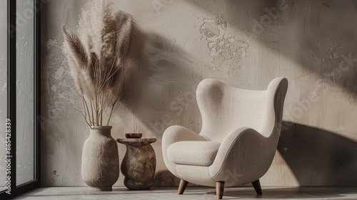 A large, fluffy chair with a brown frame sits in a room with a tan wall. The chair is the main focus of the image, and it is inviting and comfortable. The room has a warm and cozy atmosphere photo