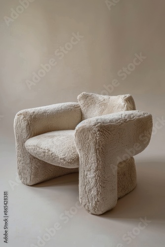 A large, fluffy chair with a brown frame sits in a room with a tan wall. The chair is the main focus of the image, and it is inviting and comfortable. The room has a warm and cozy atmosphere photo