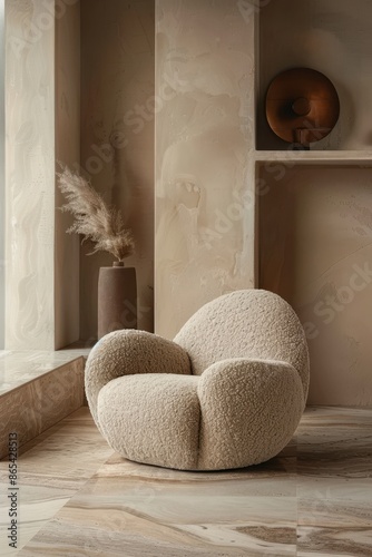 A large, fluffy chair with a brown frame sits in a room with a tan wall. The chair is the main focus of the image, and it is inviting and comfortable. The room has a warm and cozy atmosphere photo