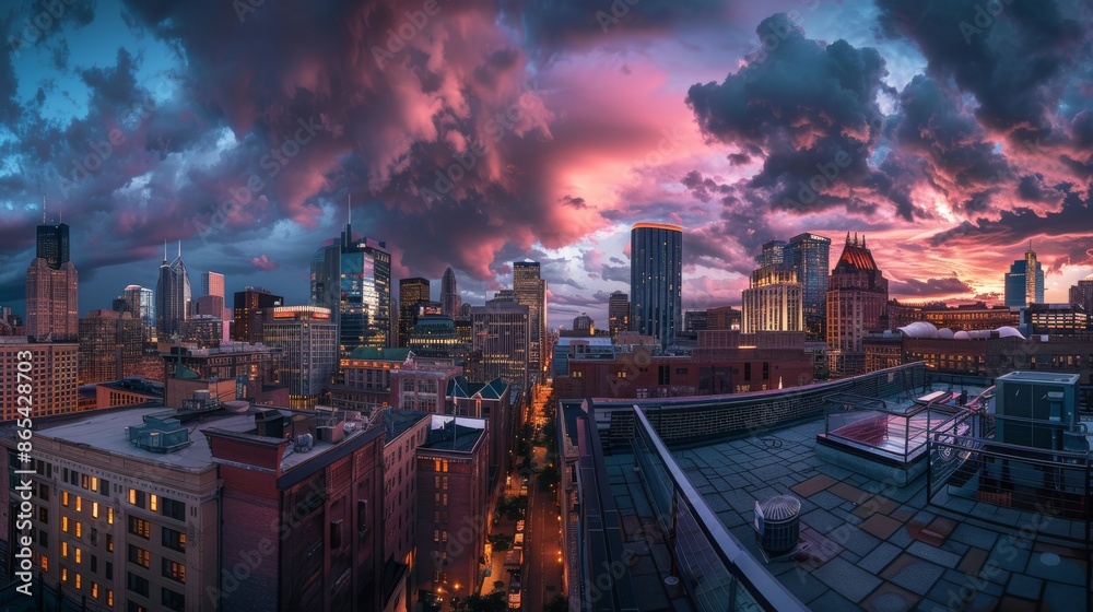 Fototapeta premium Cityscape with Dramatic Sunset Sky