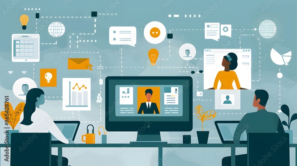 A computer monitor shows a group of people on a screen, with one person wearing a suit and tie. Concept of professionalism and collaboration A computer monitor shows a group of people on a screen, with one person wearing a suit and tie. Concept of professionalism and collaboration