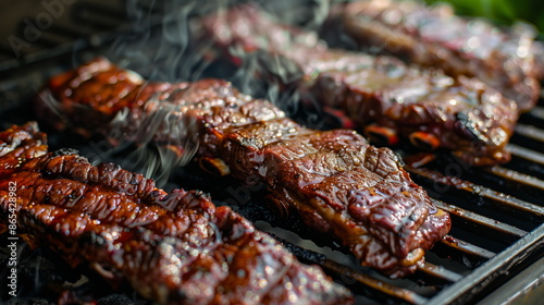 Grilled beef ribs on a barbecue. AI Generative.