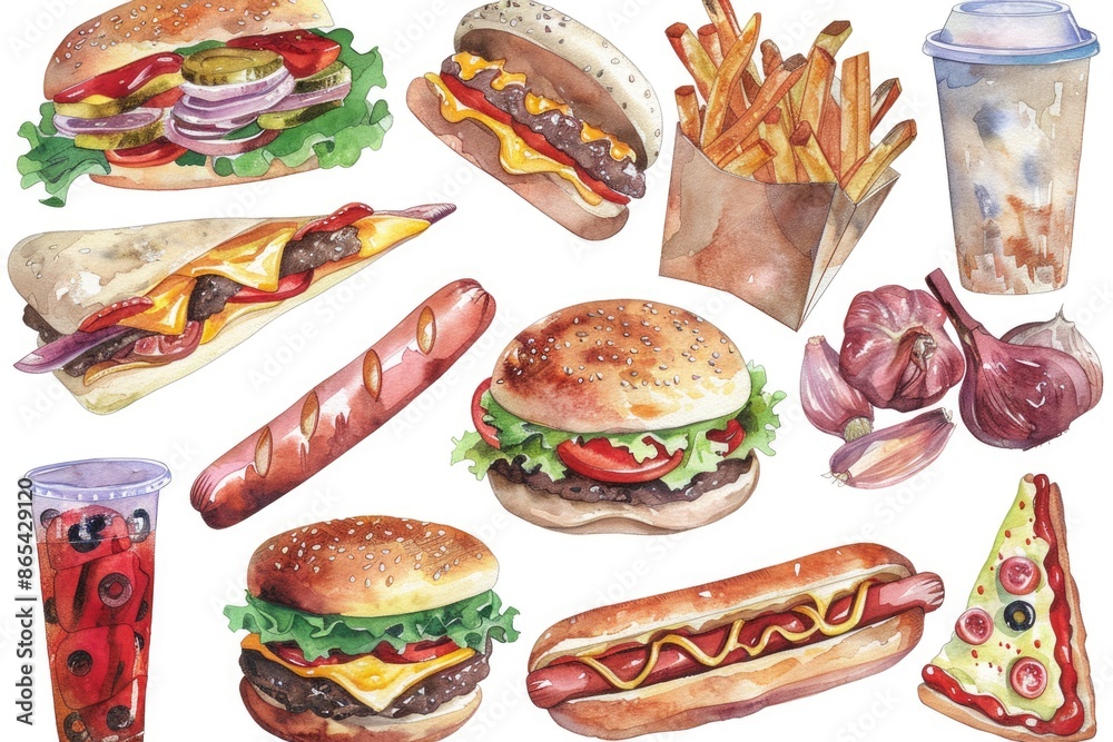 Delicious Fast Food Set: Burger, Hot Dog, Fried Chicken, Cola, Coffee, Fries. Watercolor Hand-Drawn Illustration