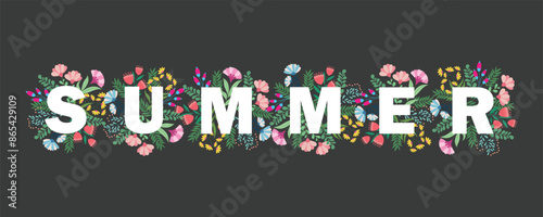 Vector card with word "Summer" made from different floral elements: flowers, berries, leaves, branches . Floral blue background. Bright natural card.
