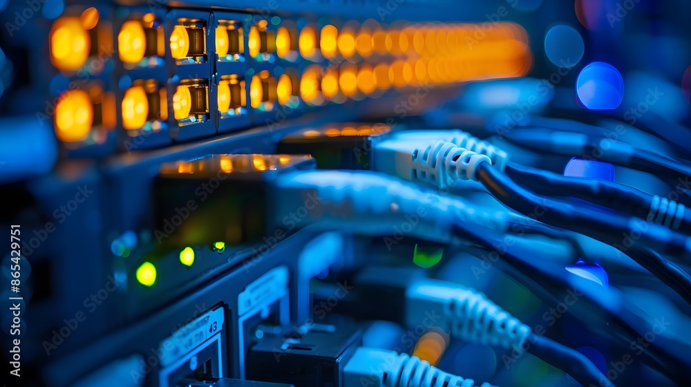 A computer network with many cables and wires. The cables are orange and yellow. Concept of complexity and organization A computer network with many cables and wires. The cables are orange and yellow. Concept of complexity and organization