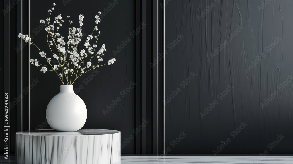 Modern dark home interior with a sleek white vase on a marble pedestal Modern dark home interior with a sleek white vase on a marble pedestal