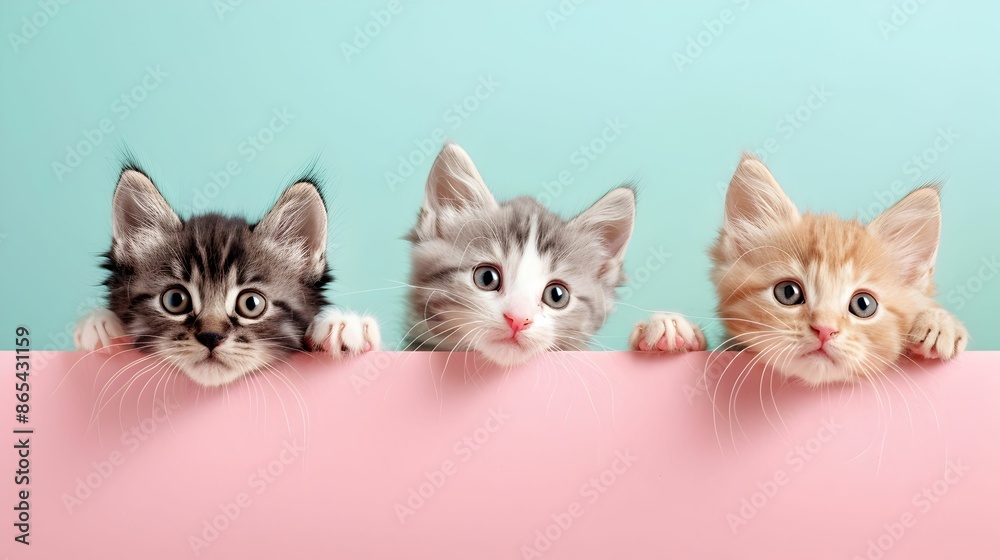 Three adorable kittens with curious expressions peek over a pink edge against a turquoise background, capturing a delightful and playful moment. Three adorable kittens with curious expressions peek over a pink edge against a turquoise background, capturing a delightful and playful moment.