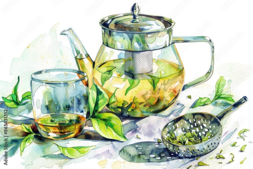 Hand Drawn Green Tea Brew and Herbal Beverage with Kitchen Sieve. Watercolor Illustration for Healthy Drink Lovers Hand Drawn Green Tea Brew and Herbal Beverage with Kitchen Sieve. Watercolor Illustration for Healthy Drink Lovers