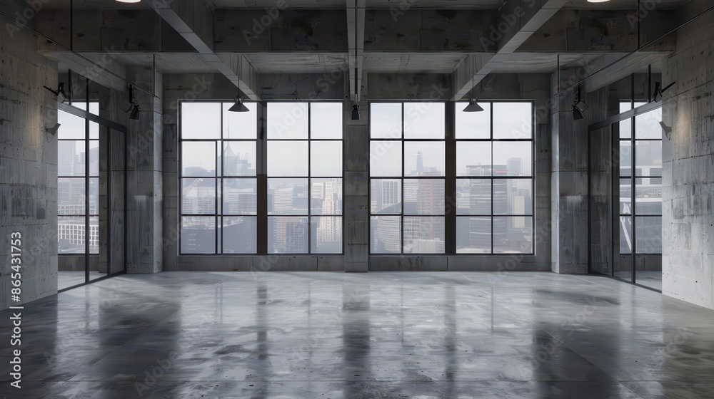 Modern grunge concrete office interior with large windows Modern grunge concrete office interior with large windows
