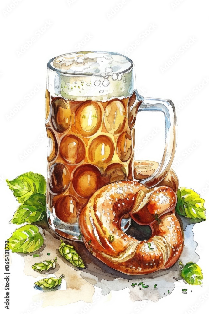 Hand-Drawn Watercolor Illustration: Lager Beer and Bavarian Pretzel Hand-Drawn Watercolor Illustration: Lager Beer and Bavarian Pretzel