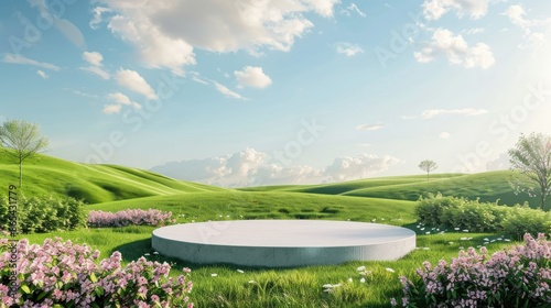 3D podium in natural green lawn garden with bright blue sky. summer product scene display