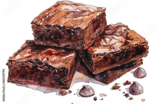 Delicious watercolor of three chocolate brownies stacked on top of each other, with chocolate chips nearby.