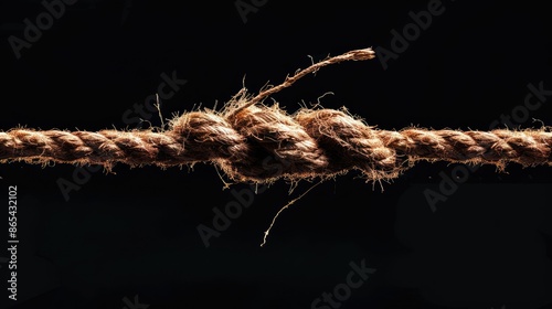 A very strong brown rope breaks and frays, leaving a single strand unbroken on a black background