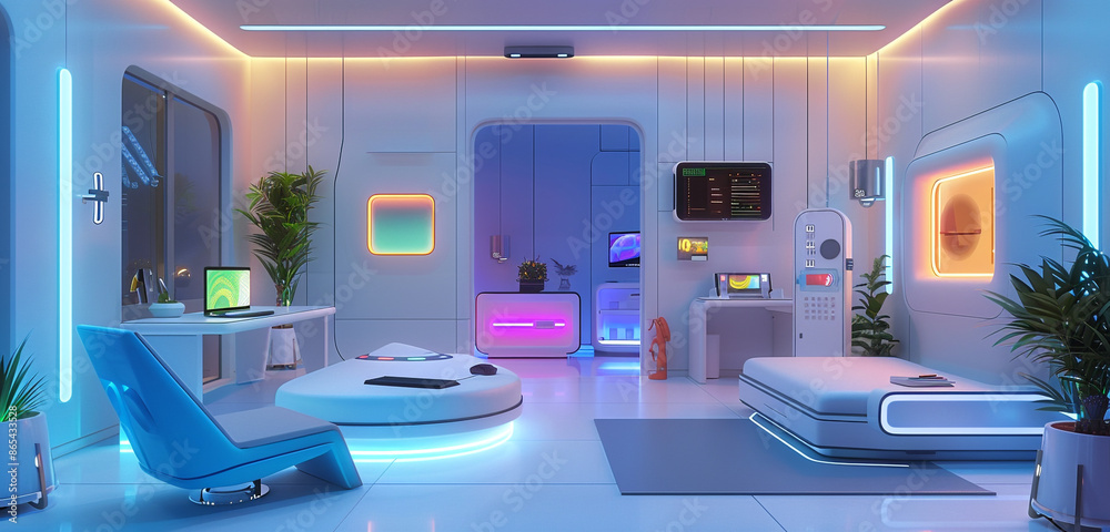 Futuristic AI mini home, adaptive HR area with smart surfaces. Futuristic AI mini home, adaptive HR area with smart surfaces.