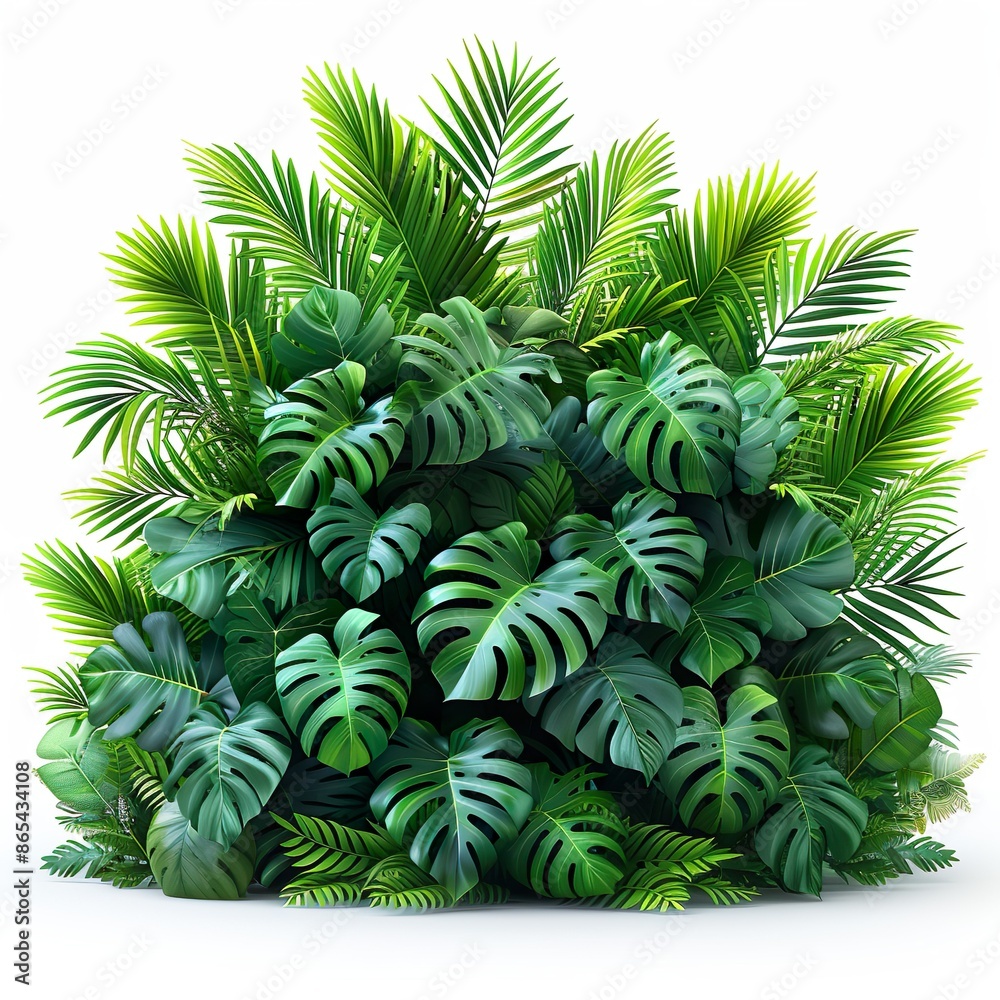 Bush of lush tropical plants, monstera, palm tree, rubber tree, pine and fern Bush of lush tropical plants, monstera, palm tree, rubber tree, pine and fern