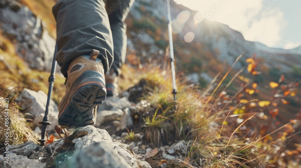 Hiker man with trekking sticks climbs steep on mountain trail, focus on boot. Hiker man with trekking sticks climbs steep on mountain trail, focus on boot.