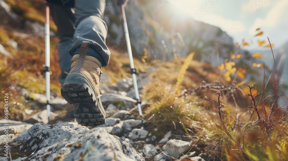 Obraz premium Hiker man with trekking sticks climbs steep on mountain trail, focus on boot.
