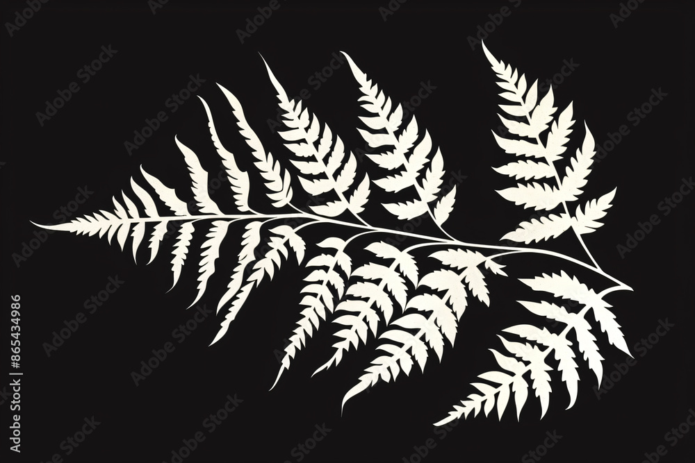 Naklejka premium White fern leaves on a black background, a illustration. The illustration features a minimalistic white fern leaf pattern 
