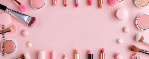 Cosmetic items border frame, blank center, vibrant and colorful background, lipsticks, eyeshadows, brushes