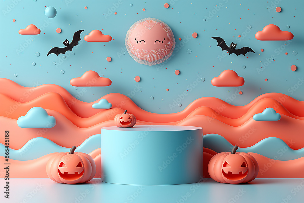 A Halloween themed scene with a moon, bats, and pumpkins A Halloween themed scene with a moon, bats, and pumpkins