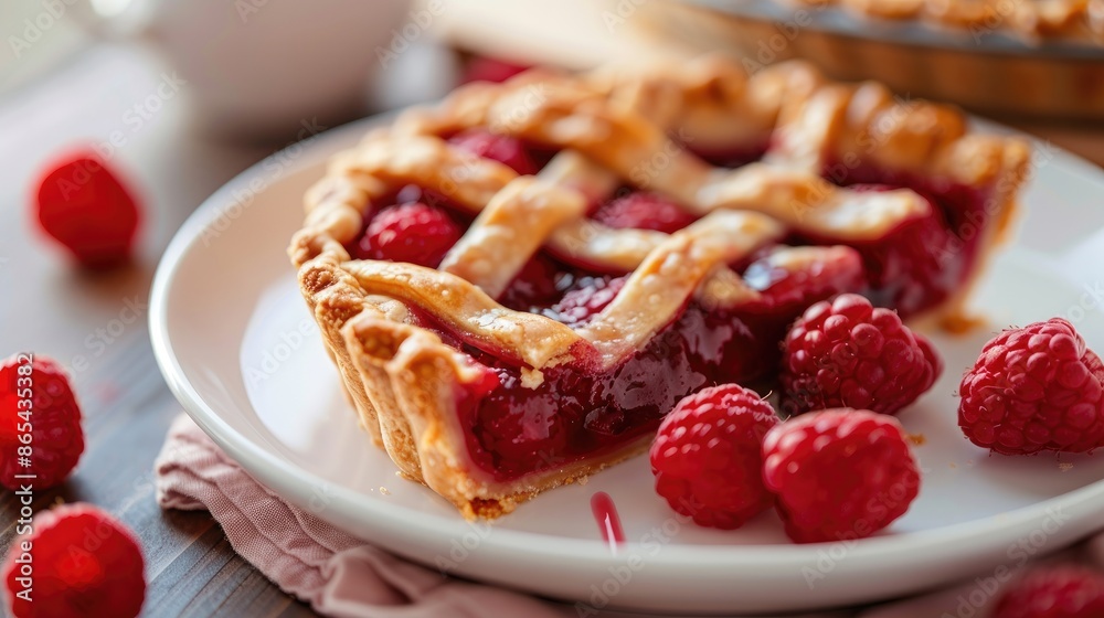 An appetizing raspberry pie served with love on a white plate An appetizing raspberry pie served with love on a white plate