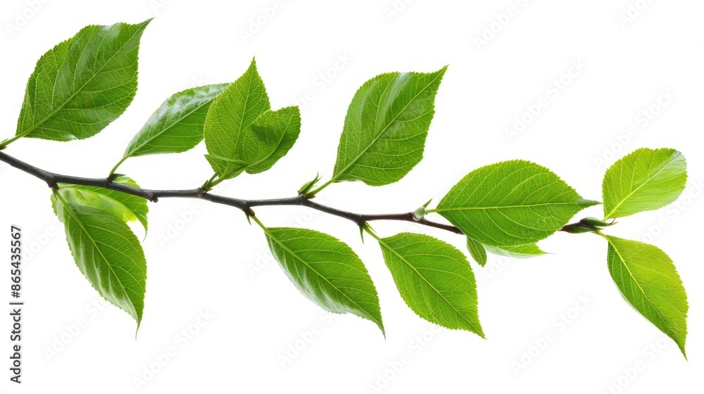 Isolated fresh green leaves on a branch with a white background including a clipping path Isolated fresh green leaves on a branch with a white background including a clipping path