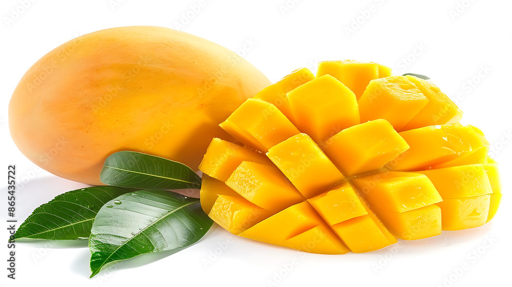 diced mango sits beside whole mangoes and green leaves.The bright yellow mango cubes contrast with the red and green of the whole fruits, creating a fresh and tropical scene. diced mango sits beside whole mangoes and green leaves.The bright yellow mango cubes contrast with the red and green of the whole fruits, creating a fresh and tropical scene.