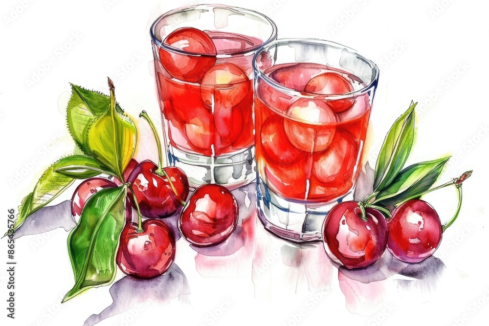 Refreshing Acerola Cherry Juice with Fresh Tropical Fruits and Green Leaves - Hand-Drawn Watercolor Illustration on White Background Refreshing Acerola Cherry Juice with Fresh Tropical Fruits and Green Leaves - Hand-Drawn Watercolor Illustration on White Background