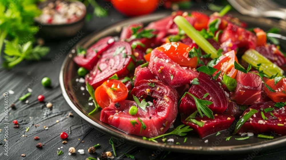 French cuisine. Tongue salad with beetroot, celery, tomatoes. 