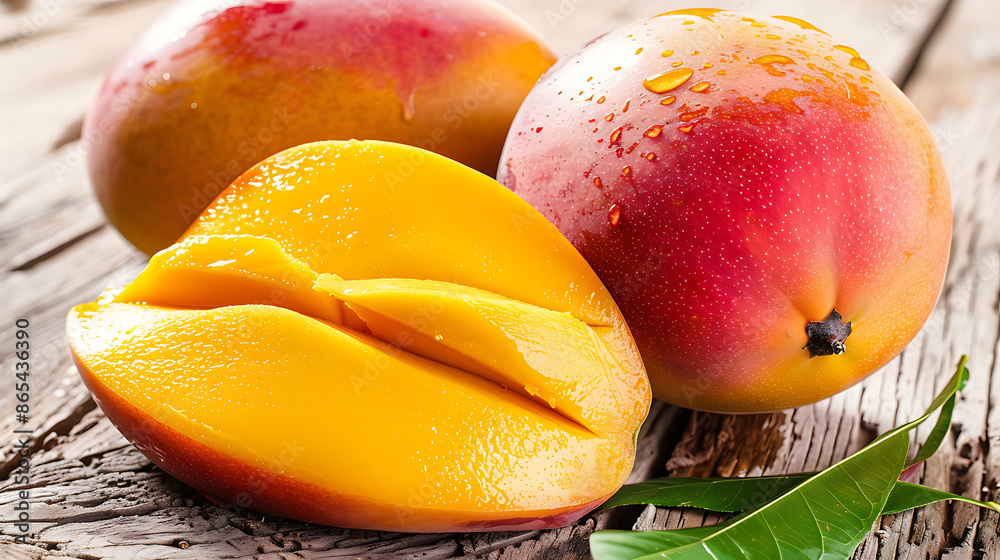 diced mango sits beside whole mangoes and green leaves.The bright yellow mango cubes contrast with the red and green of the whole fruits, creating a fresh and tropical scene. diced mango sits beside whole mangoes and green leaves.The bright yellow mango cubes contrast with the red and green of the whole fruits, creating a fresh and tropical scene.