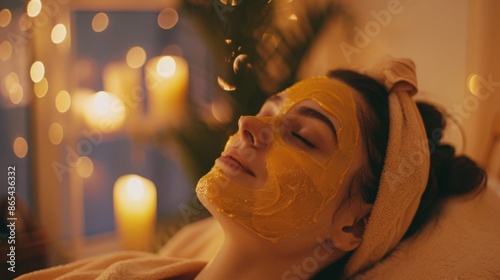 A woman relaxes on a bed with a golden face mask, enjoying a spa treatment in a candlelit room. The soft glow creates a sense of peace and tranquility. photo