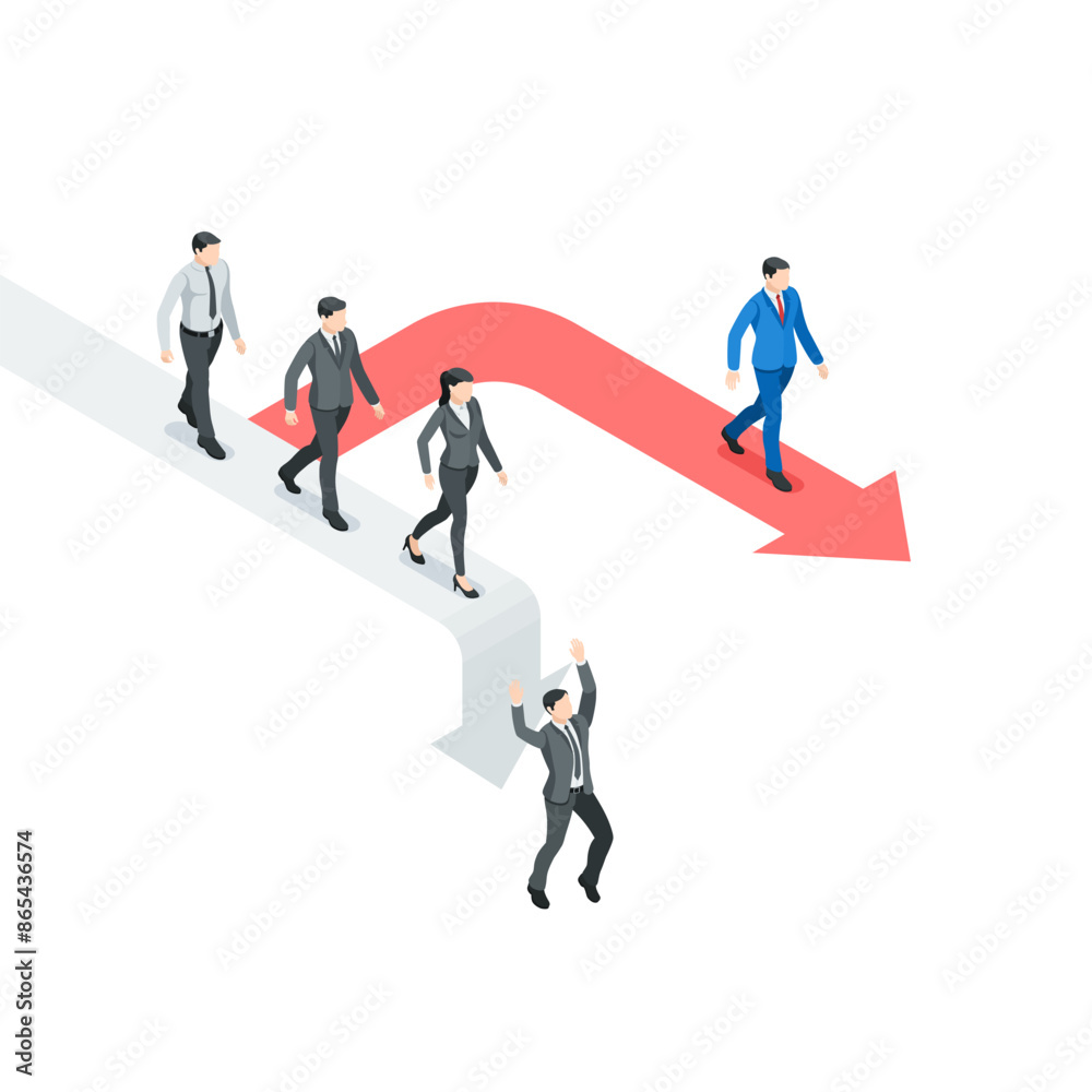 isometric vector business people follow the arrows, one of which are down, in color on a white background, the right path to success or success and failure isometric vector business people follow the arrows, one of which are down, in color on a white background, the right path to success or success and failure