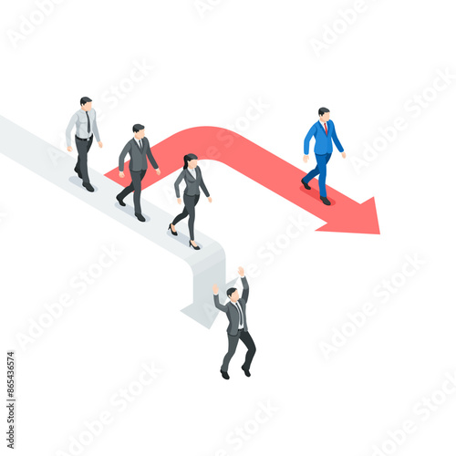 isometric vector business people follow the arrows, one of which are down, in color on a white background, the right path to success or success and failure