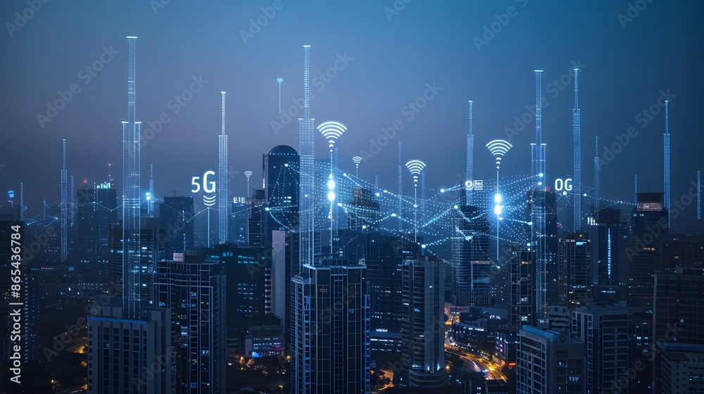 A city skyline with many buildings and a lot of wifi signals. The wifi signals are represented by lines and the city is lit up at night. Scene is one of modern technology and connectivity A city skyline with many buildings and a lot of wifi signals. The wifi signals are represented by lines and the city is lit up at night. Scene is one of modern technology and connectivity