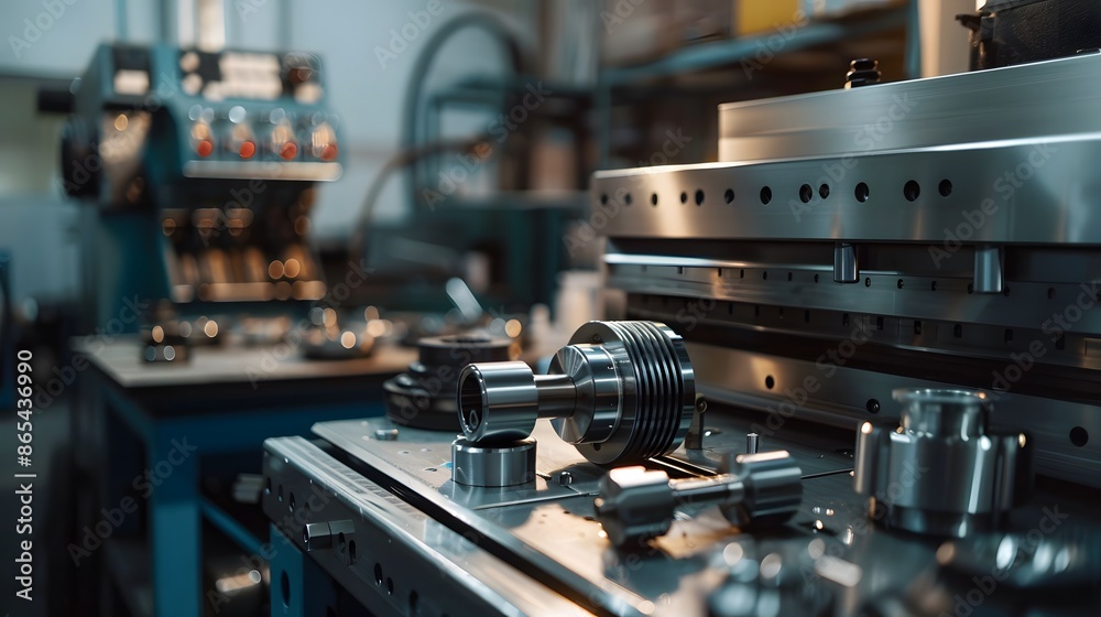 Machine with many metal parts on the table The setting is industrial and focused on the work being done.